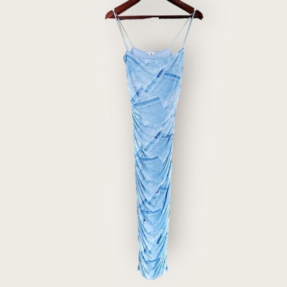 Good American Ruched Denim Patchwork Mesh Overlay Bodycon Midi Dress M - FLAW - Picture 5 of 10